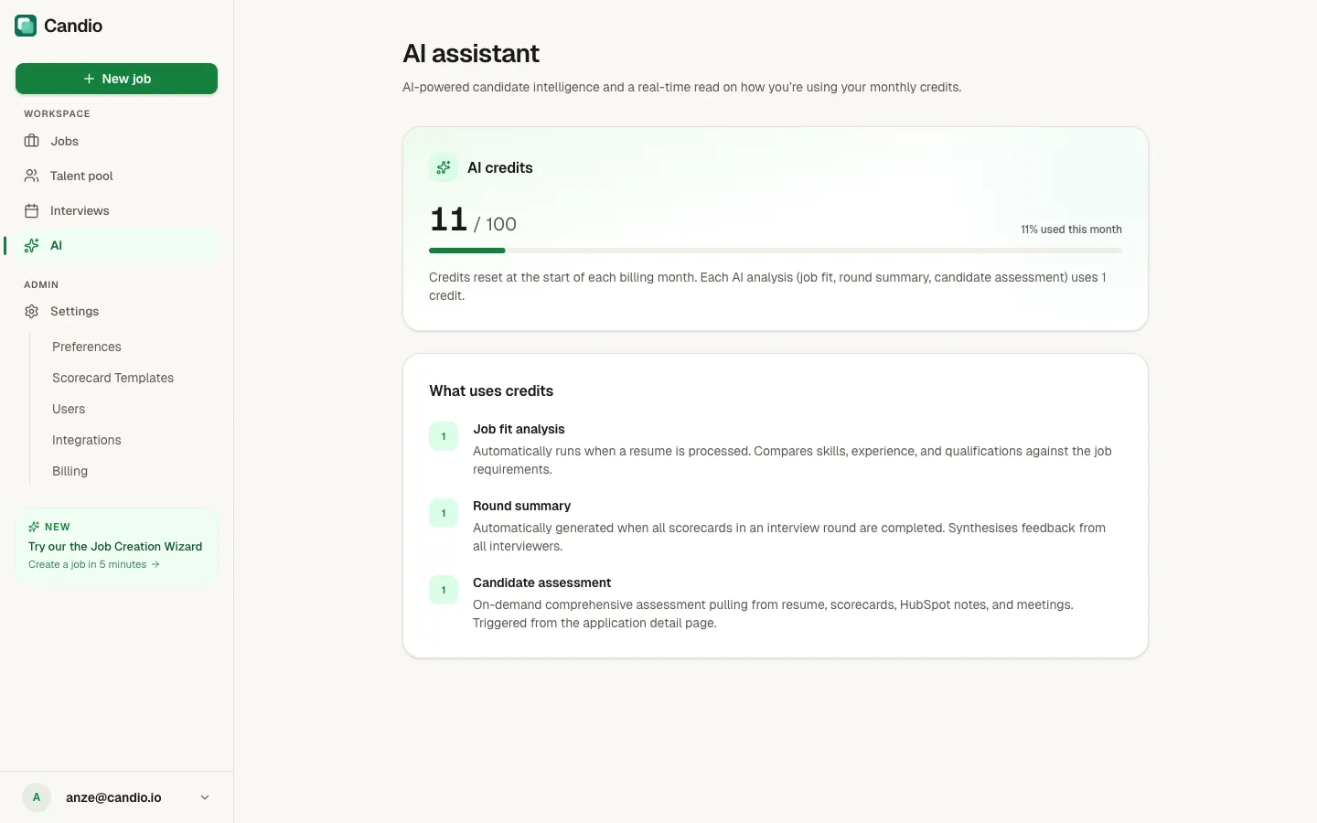 AI page with credit meter showing 11/100 and a What uses credits breakdown.