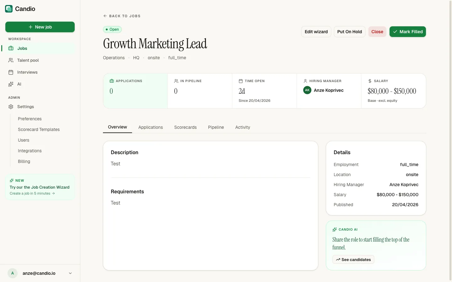 Job detail page with stats strip, tabs for Overview / Applications / Scorecards / Pipeline / Activity, and the Candio AI card.