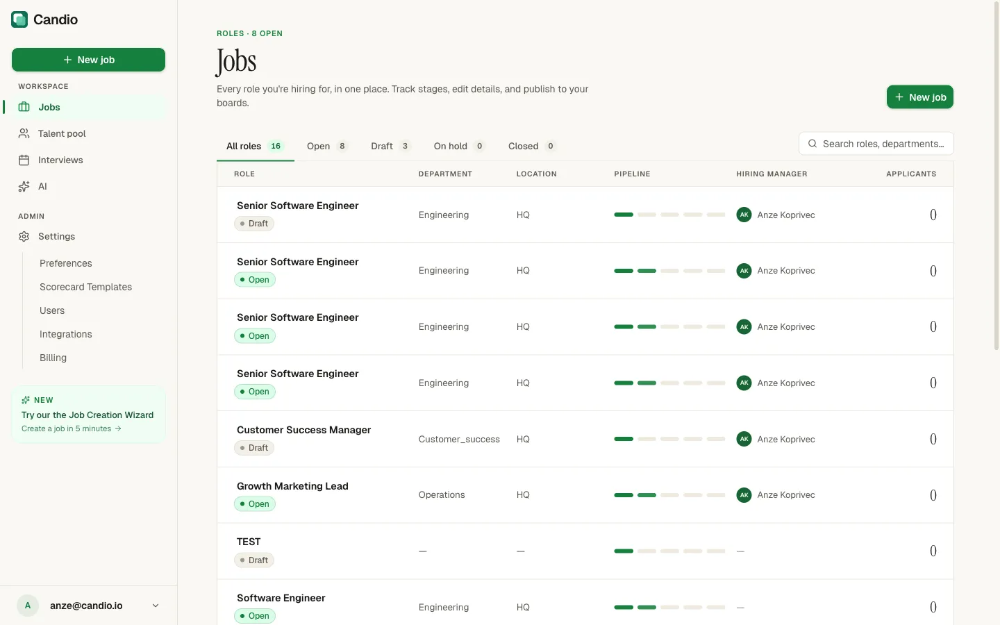 Jobs list with All roles tab, stage filters, search, and a table of roles with pipeline indicators.