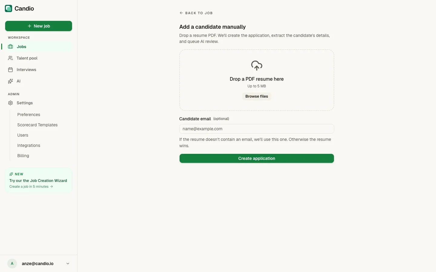Add a candidate manually page with a drag-and-drop zone for PDF resumes and an optional email field.