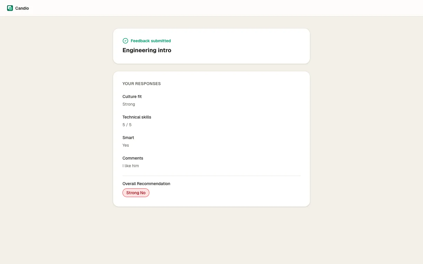 The interviewer scorecard view with fields and overall recommendation.