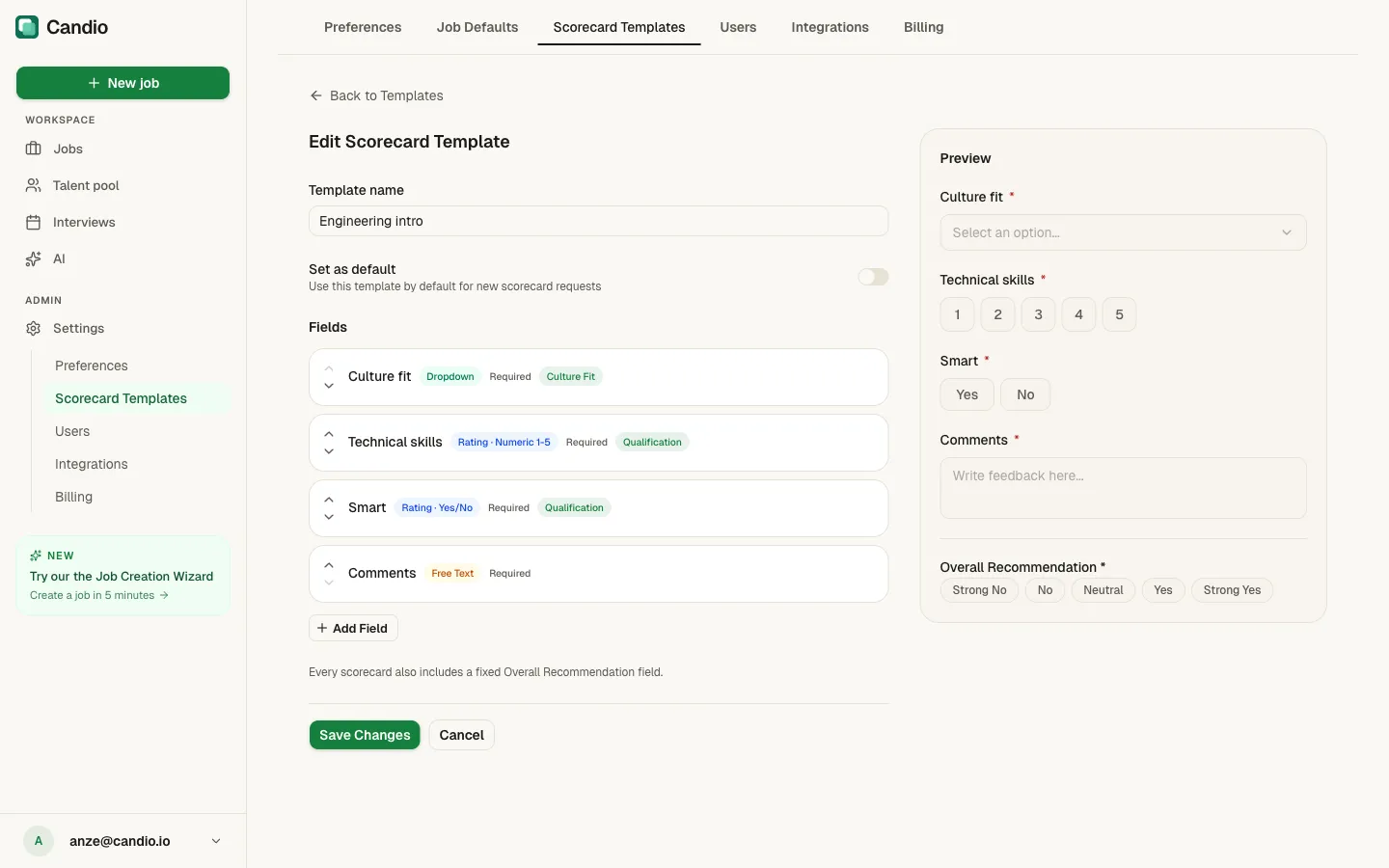 Scorecard template editor with Template name, fields list, and a live preview on the right.