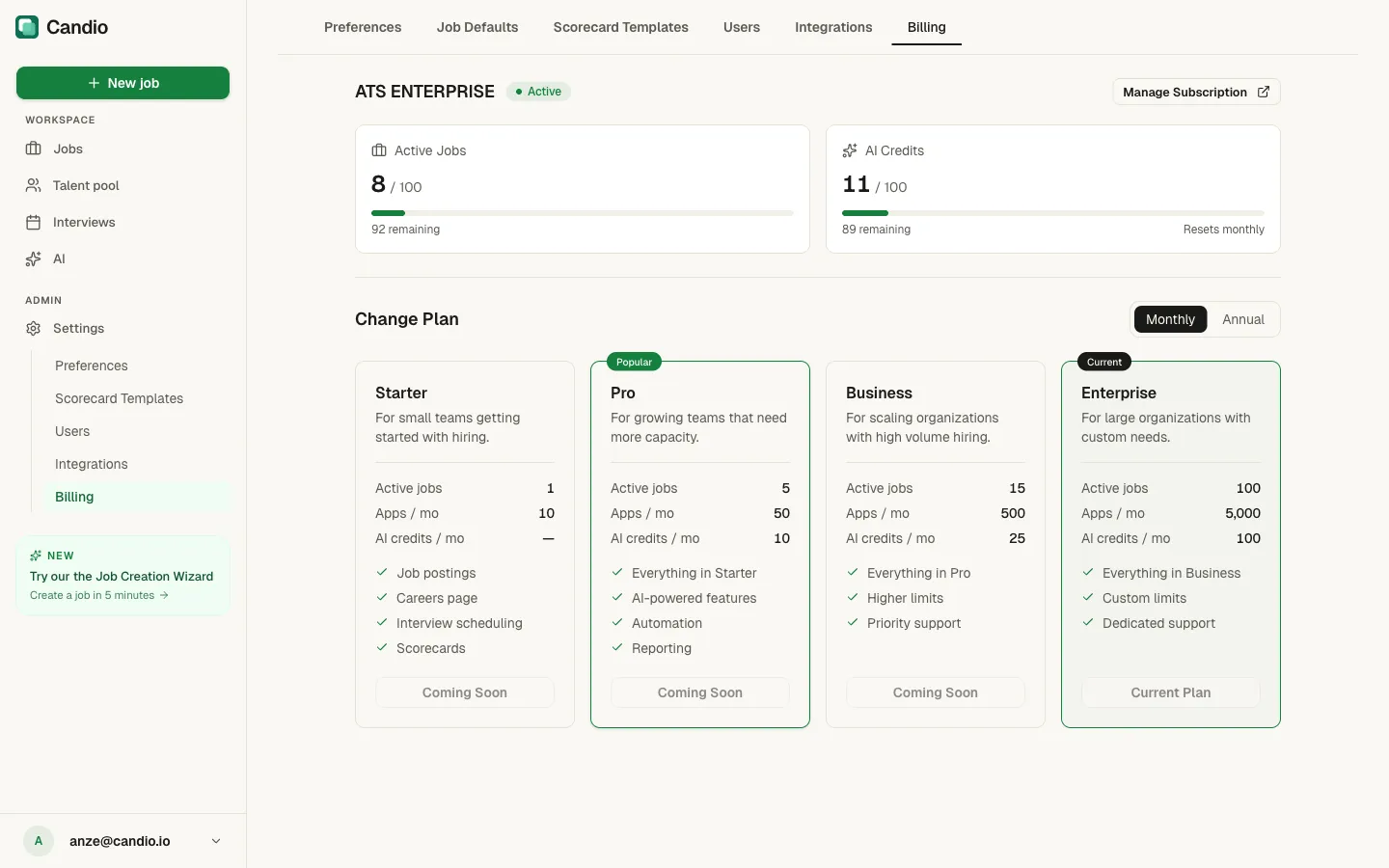 Billing page with current plan, Active Jobs and AI Credits usage meters, and Change Plan cards for Starter / Pro / Business / Enterprise.