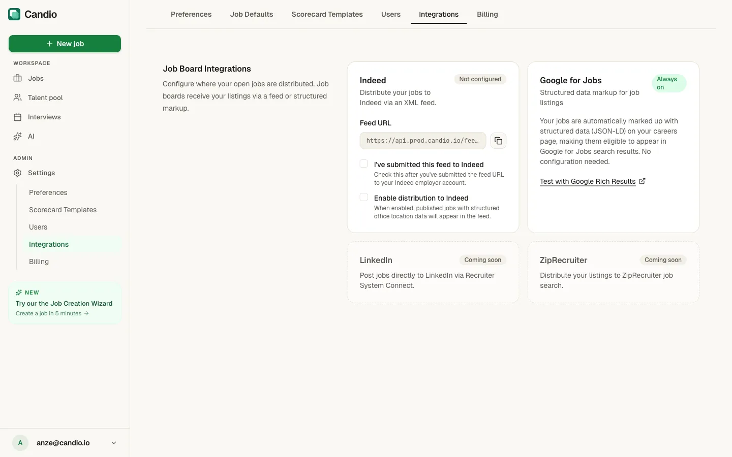 Integrations page with Indeed, Google for Jobs, and coming-soon cards for LinkedIn and ZipRecruiter.