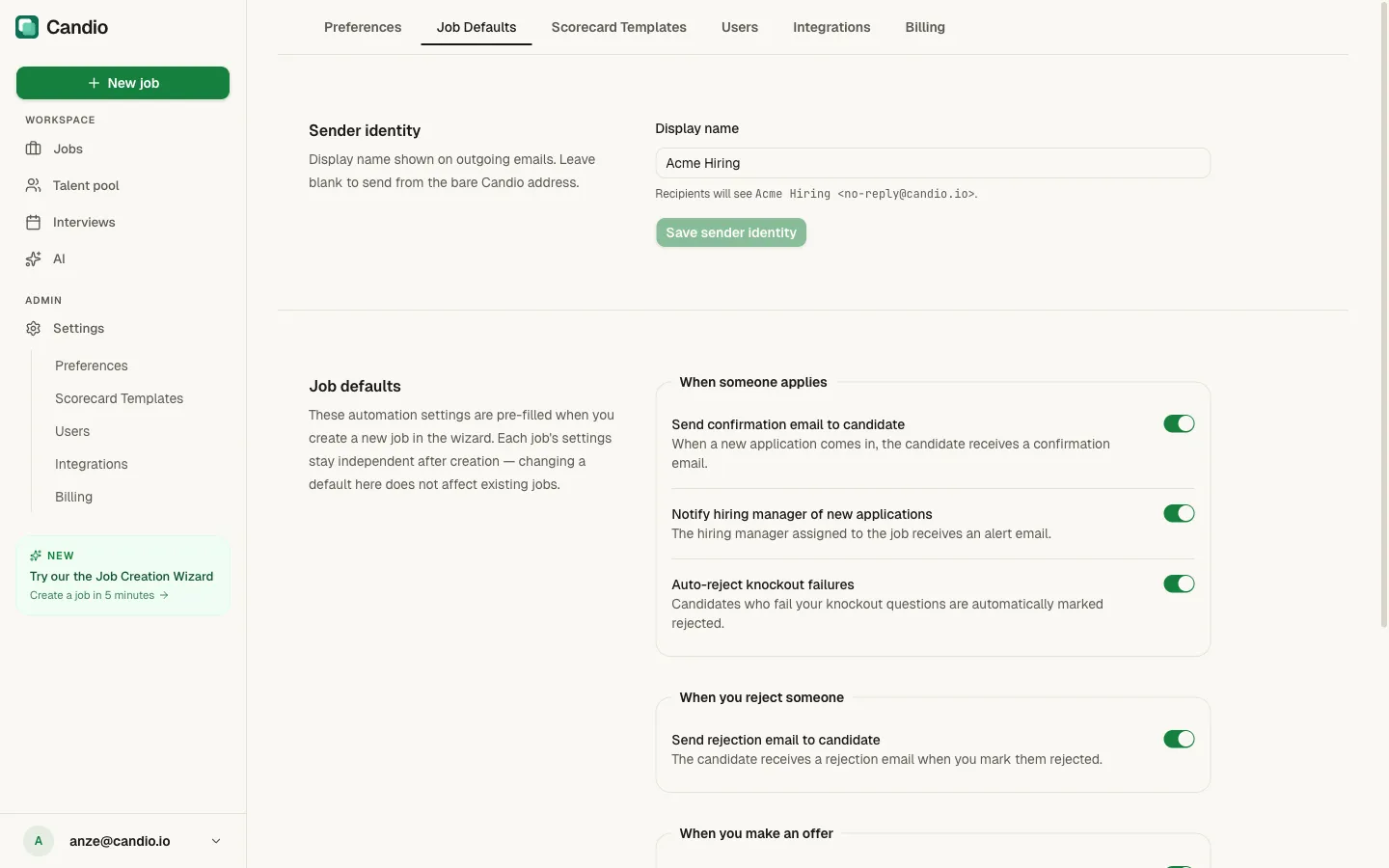 Settings → Job Defaults with Sender identity, Job defaults grouped by trigger.