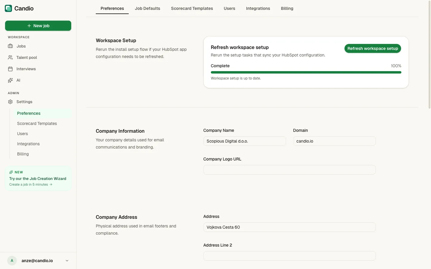 Settings → Preferences showing workspace setup, company information, and the start of company address.