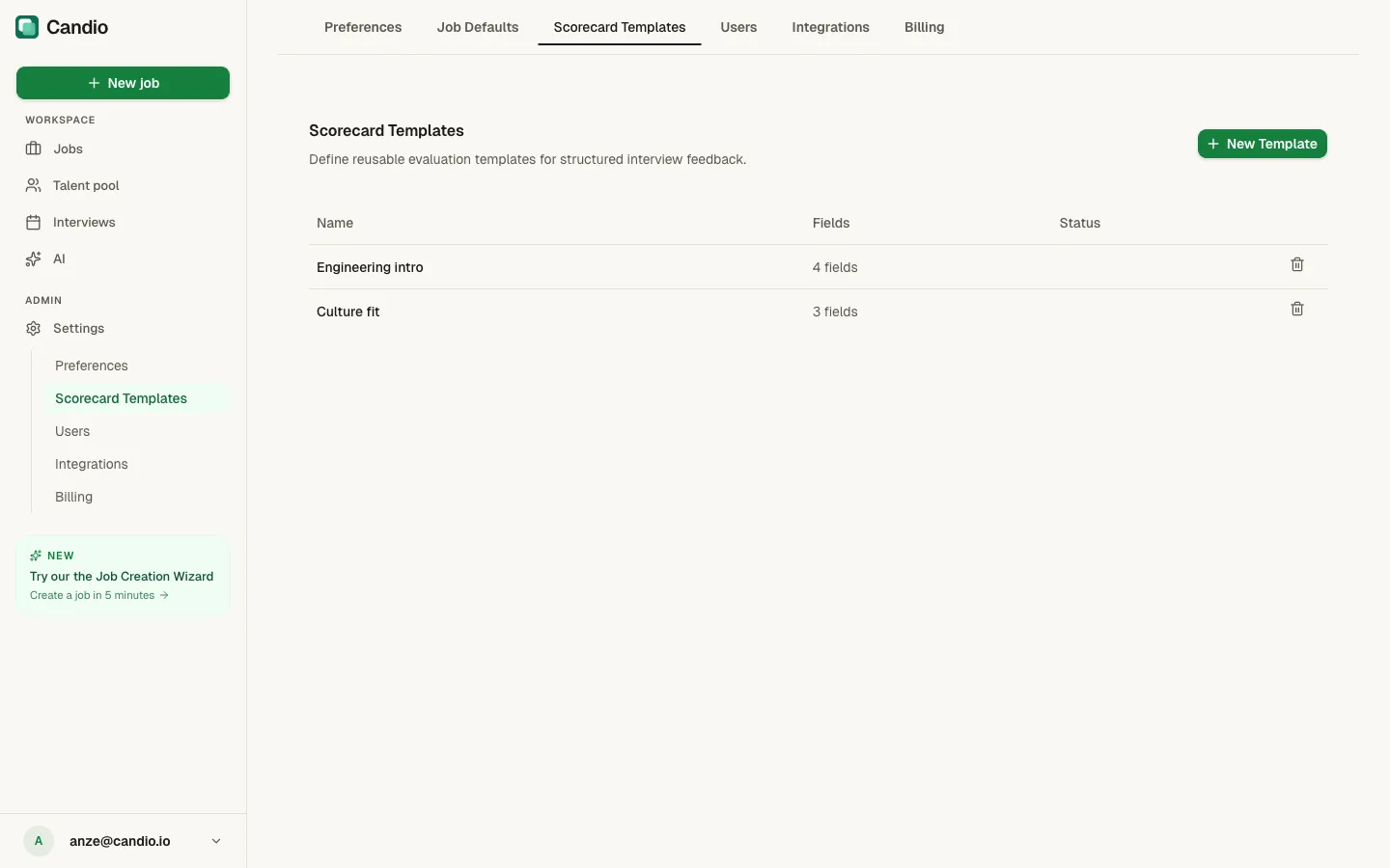 Settings → Scorecard Templates list with Engineering intro (4 fields) and Culture fit (3 fields).