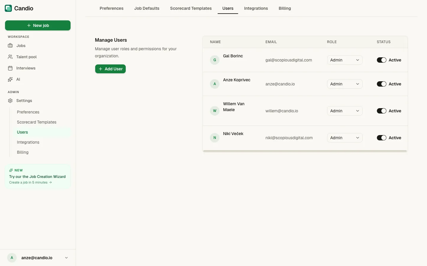 Settings → Users with Add User button and a table of existing users with Role dropdowns and Active toggles.