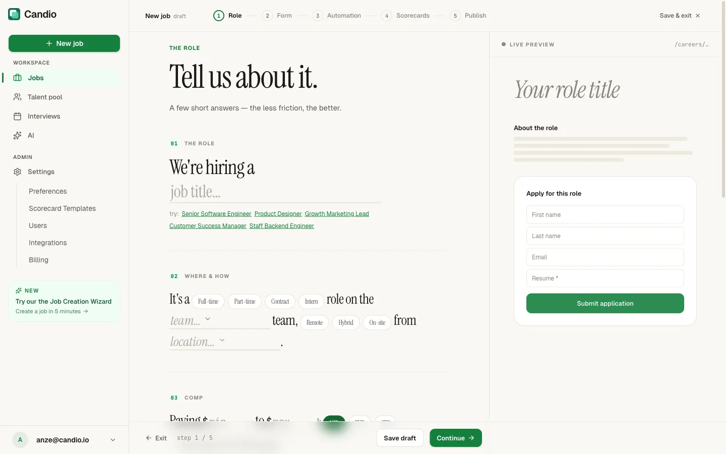 Wizard step 1: the role form with role, where & how, comp, hiring manager, and details sections.