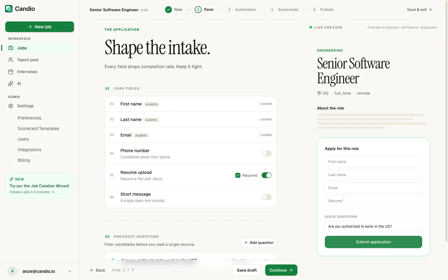 Wizard step 2: core fields with first/last/email locked, phone/resume/short message toggleable, and knockout questions section.