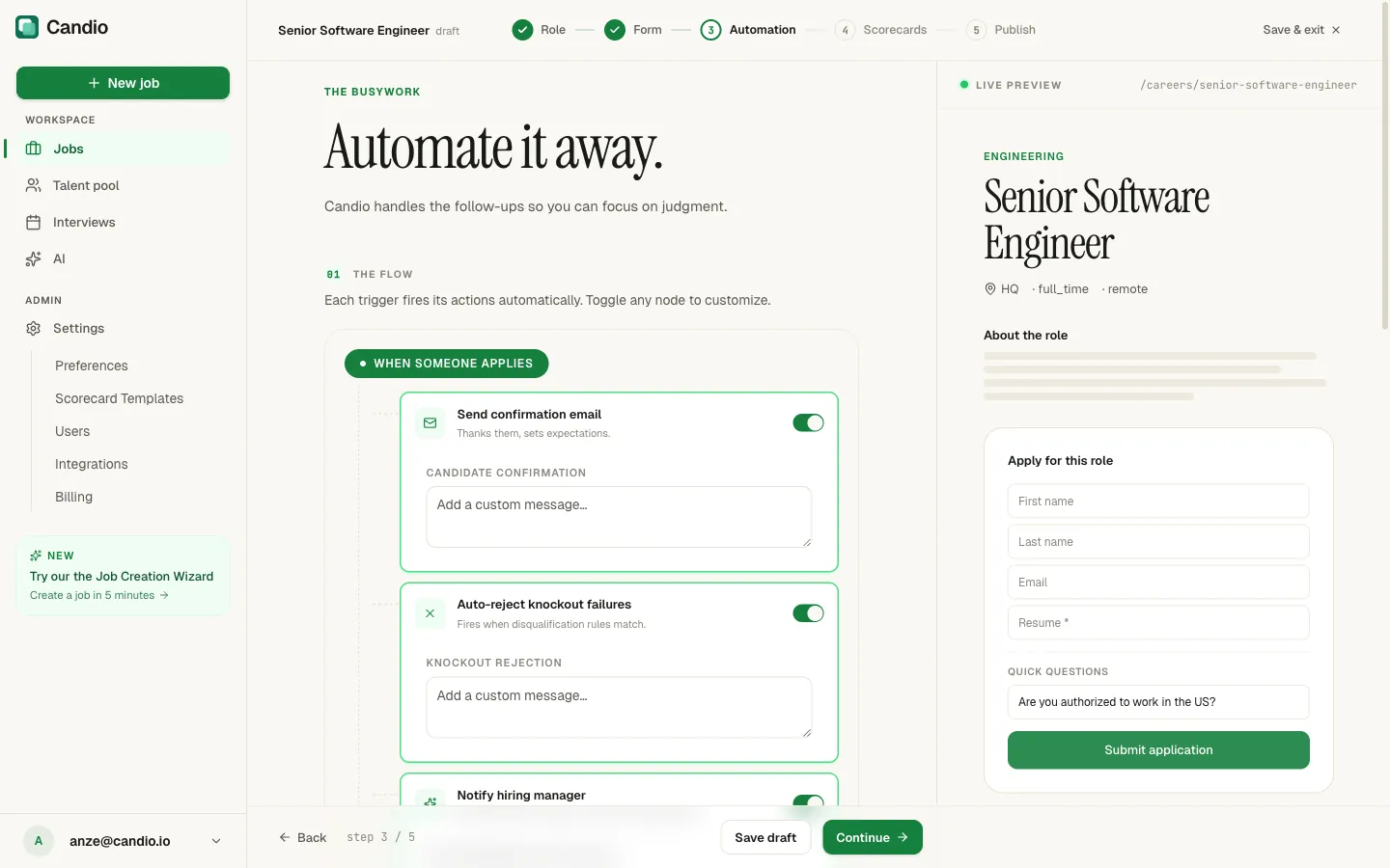 Wizard step 3: automation flow grouped by trigger — When someone applies, When you reject, When you make an offer, When you hire.