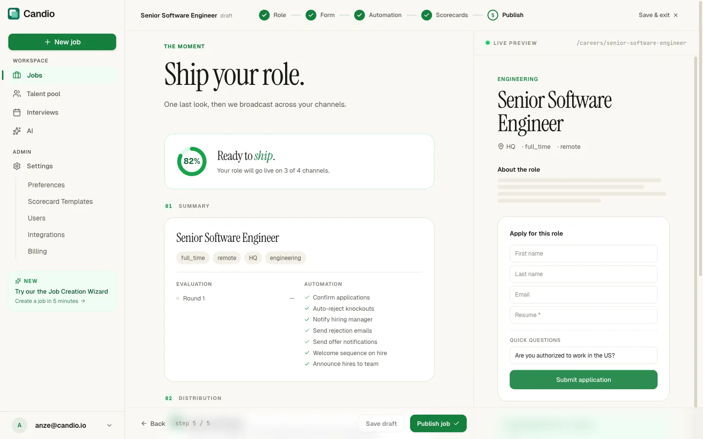 Wizard step 5: Ready to ship with 82% readiness, job summary, evaluation and automation rundown.